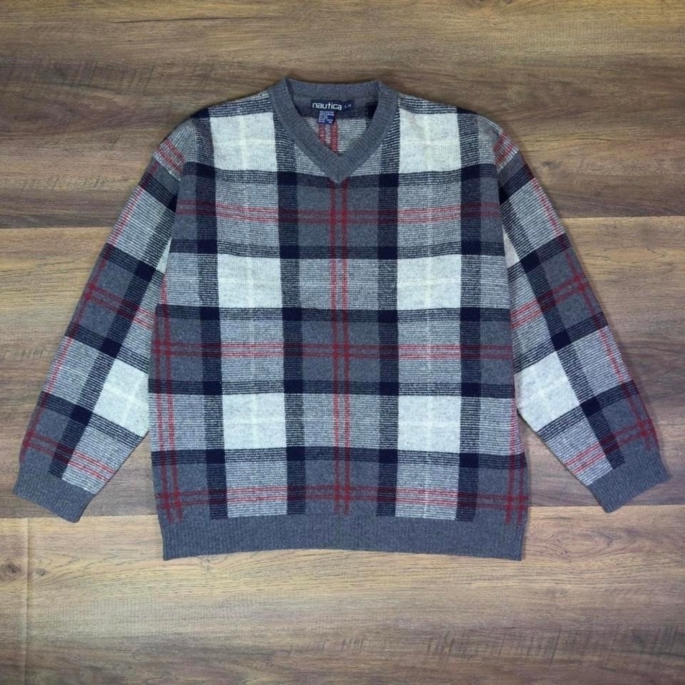 Nautica Plaid V-Neck Wool Sweater Men's Large Gray Red Blue Knit Pullover